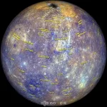 Mercury, MESSENGER spacecraft image July 18, 2013 enhanced to show chemical, mineralogical, and physical surface differences